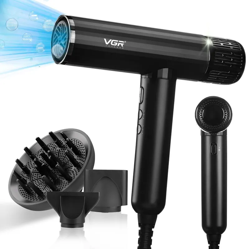 سشوار حرفه‌ای 1600-1900 وات وی جی ار مدل V-427، موتور AC، وزن 550 گرم، المنت سرامیک، دارای سری دیسپانسر، متمرکز‌کننده باریک، متمرکز‌کننده پهن با ویژگی فرکنندگی، صاف‌کنندگی، حجم‌دهندگی - تصویر 4