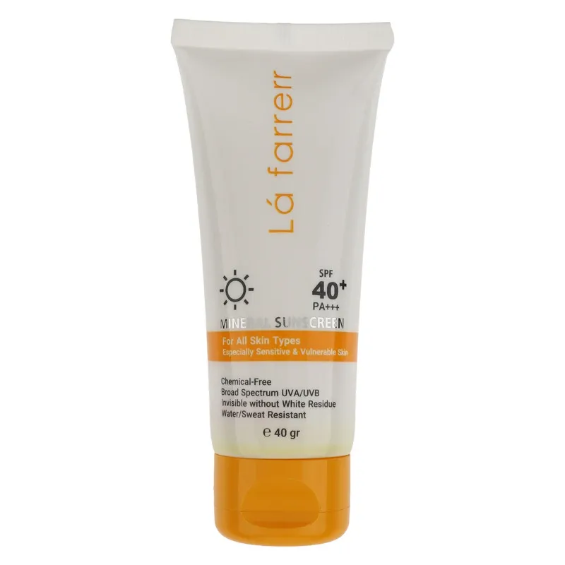 کرم ضد آفتاب بدون رنگ لافارر SPF 40 مدل مینرال ‌حاوی محافظ UVA و UVB و PA+++مناسب پوست‌های حساس حجم 40 میلی‌لیتر