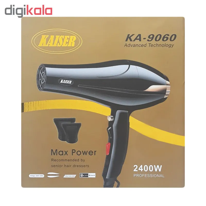سشوار حرفه‌ای 2400 وات کایزر مدل KA-9060، موتور AC، وزن 550 گرم، المنت سرامیک، دارای سری متمرکز‌کننده پهن با قابلیت باد سرد - تصویر 6
