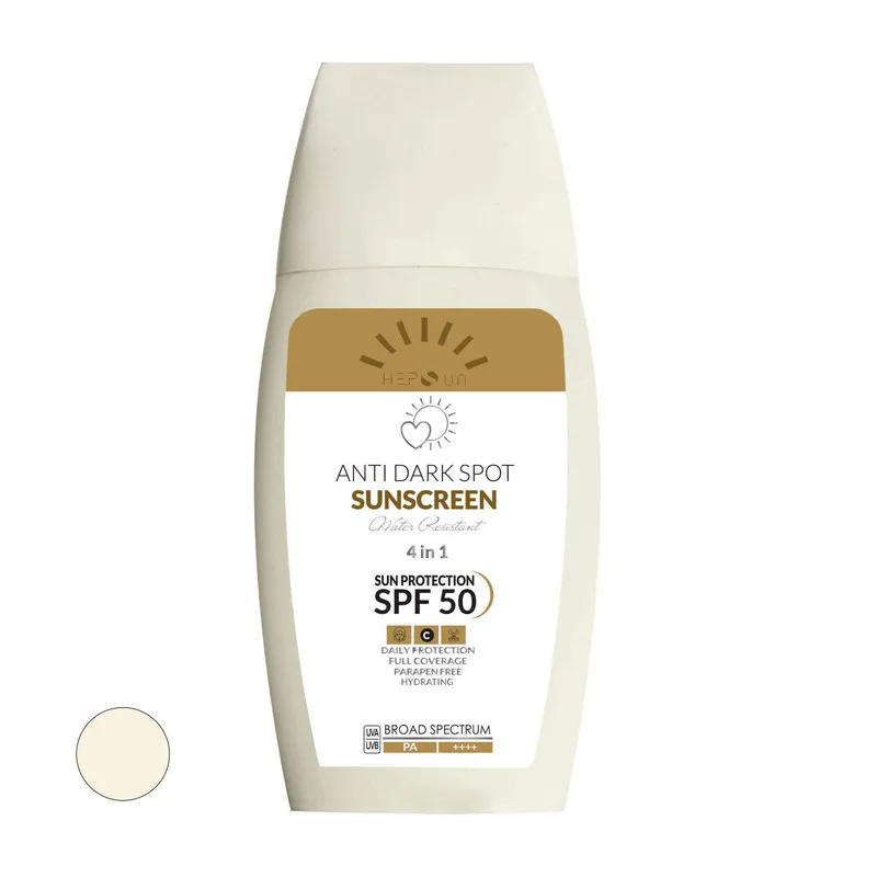 کرم ضد آفتاب و ضد لک رنگی هپسان SPF50 مدل 4در1 محافظ UVA ،UVB و PA++++ و حاوی ویتامین C دارای بافت مخملی مناسب انواع پوست حجم 50 میلی لیتر