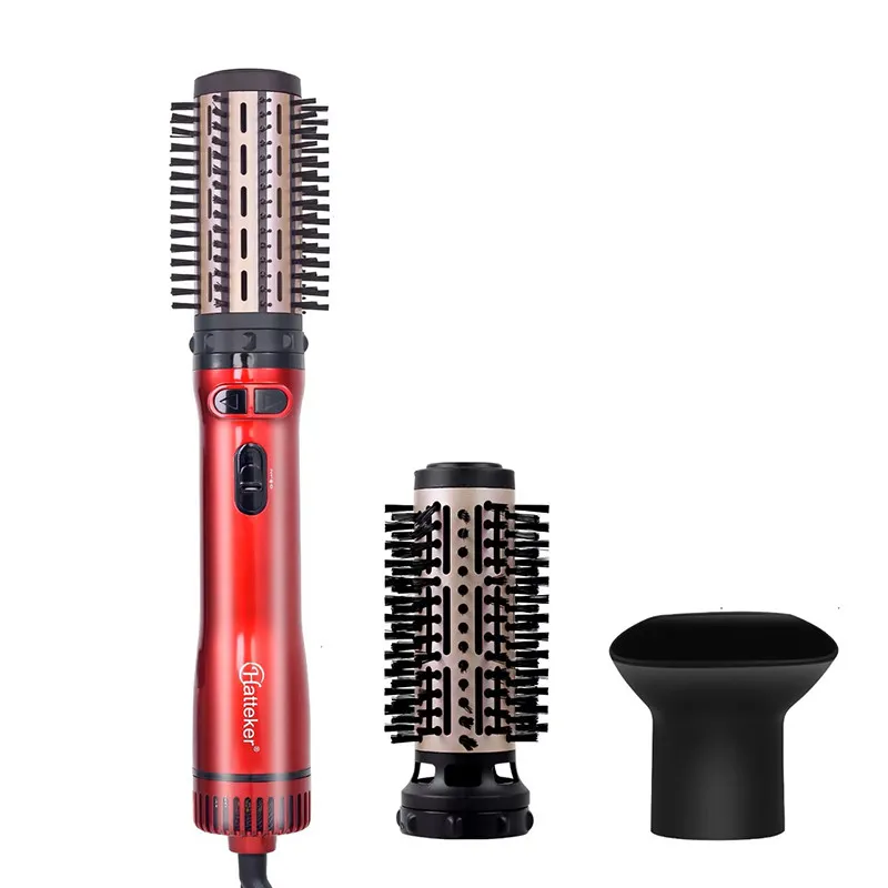 سشوار برس‌دار چرخشی 1000 وات هاتکر مدل HT-302، موتور AC، وزن 400 گرم، دارای سری متمرکز‌کننده پهن، سری برس‌دار گرد پهن با ویژگی فرکنندگی، با قابلیت تنظیم دما