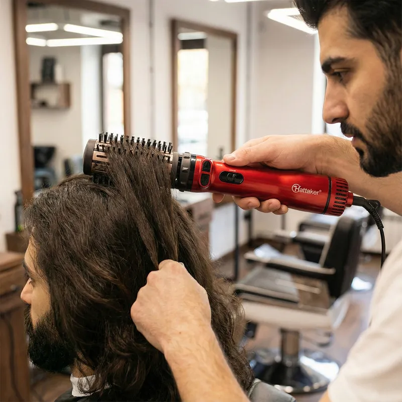 سشوار برس‌دار چرخشی 1000 وات هاتکر مدل HT-302، موتور AC، وزن 400 گرم، دارای سری متمرکز‌کننده پهن، سری برس‌دار گرد پهن با ویژگی فرکنندگی، با قابلیت تنظیم دما - تصویر 2