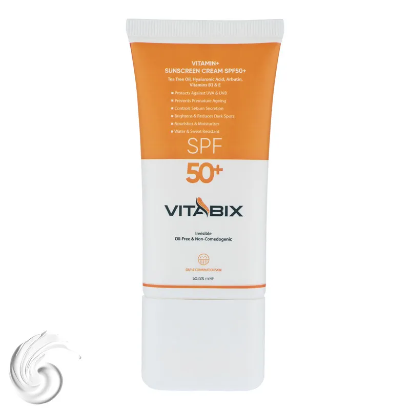 کرم ضد آفتاب بدون رنگ ویتابیکس SPF 50 مدل +Vitamin مناسب پوست چرب حجم 50 میلیلیتر محافظتکننده اشعه UVA و UVB، بدون تست حیوانی، با ماندگاری 2 ساعته