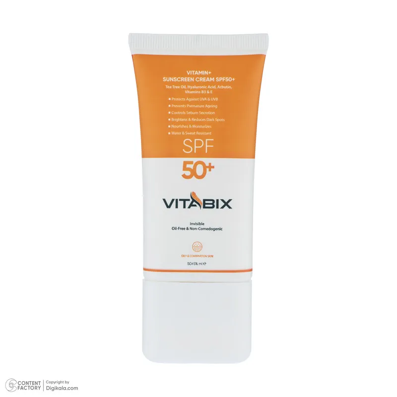 کرم ضد آفتاب بدون رنگ ویتابیکس SPF 50 مدل +Vitamin مناسب پوست چرب حجم 50 میلیلیتر محافظتکننده اشعه UVA و UVB، بدون تست حیوانی، با ماندگاری 2 ساعته - تصویر 2