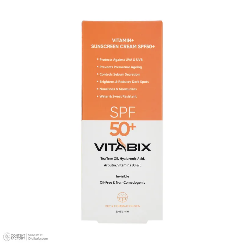کرم ضد آفتاب بدون رنگ ویتابیکس SPF 50 مدل +Vitamin مناسب پوست چرب حجم 50 میلیلیتر محافظتکننده اشعه UVA و UVB، بدون تست حیوانی، با ماندگاری 2 ساعته - تصویر 6