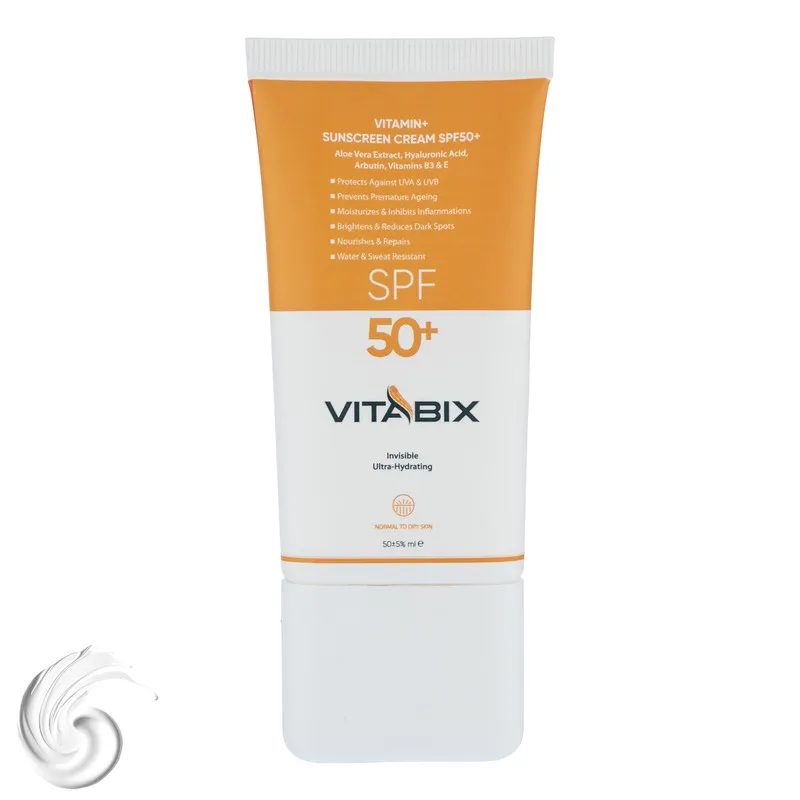 کرم ضد آفتاب بدون رنگ ویتابیکس SPF 50 مدل +Vitamin مناسب پوست خشک حجم 50 میلیلیتر محافظتکننده اشعه UVA و UVB، بدون تست حیوانی، با ماندگاری 2 ساعته