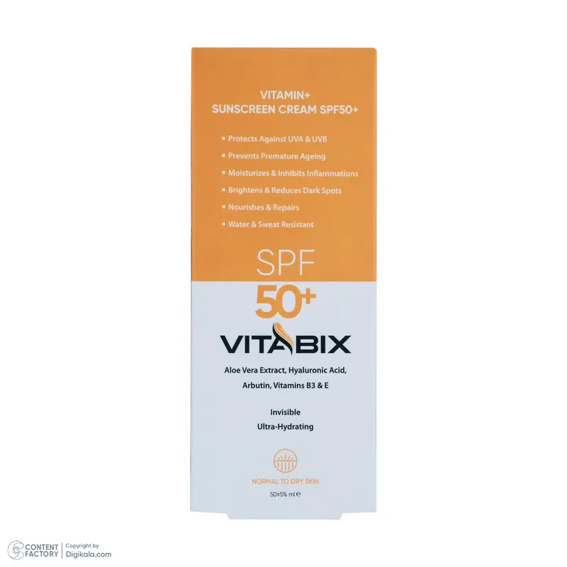 کرم ضد آفتاب بدون رنگ ویتابیکس SPF 50 مدل +Vitamin مناسب پوست خشک حجم 50 میلیلیتر محافظتکننده اشعه UVA و UVB، بدون تست حیوانی، با ماندگاری 2 ساعته - تصویر 6