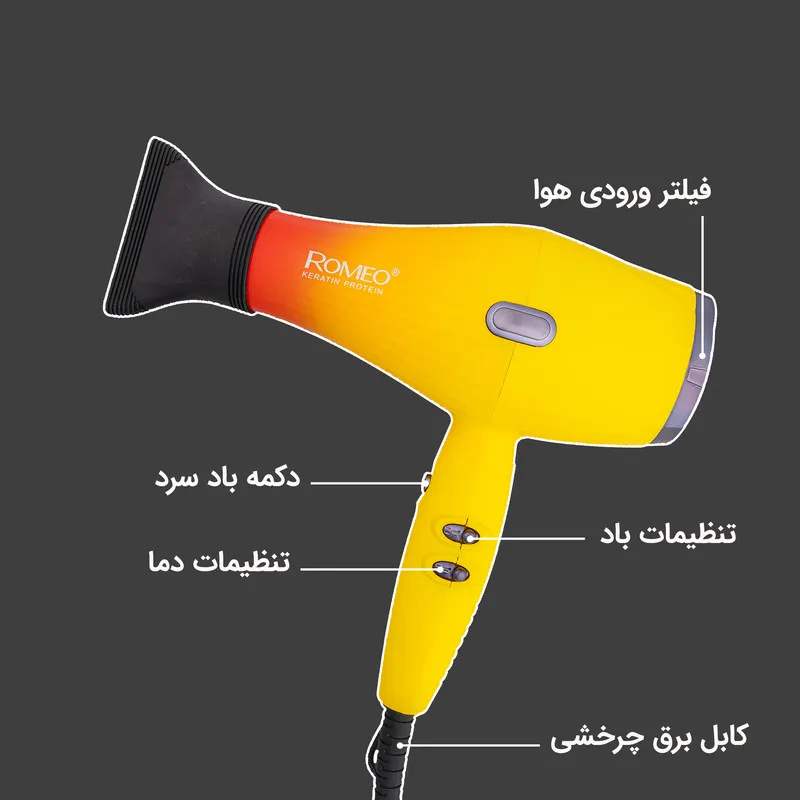 سشوار حرفه‌ای 2200 وات رومئو مدل RM-5151، موتور AC، وزن 682 گرم، دارای سری متمرکز‌کننده باریک با ویژگی صاف‌کنندگی، با قابلیت باد سرد، فناوری تولید یون - تصویر 3