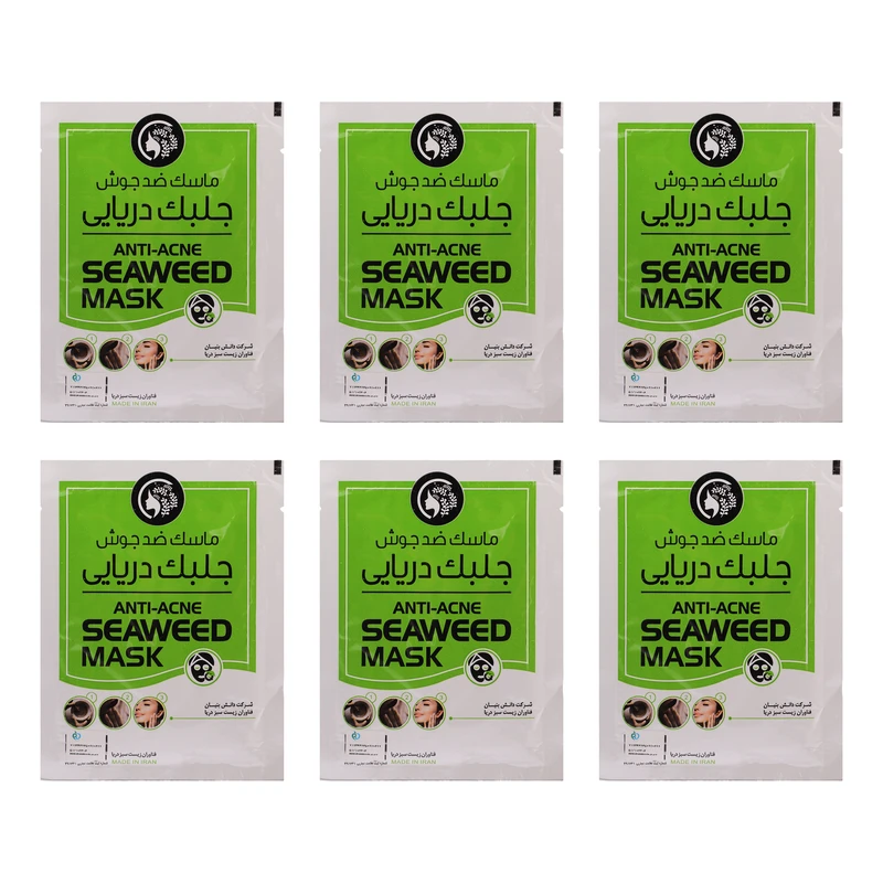 ماسک صورت ضد جوش جلبک دریایی دکتر عیدی آلگا مدل آلگا بسته 6 عددی با خواص آنتی‌باکتریال، ضد التهاب، تنظیم چربی پوست، آبرسان و مغذی با ویتامین‌ها و مواد معدنی، مناسب انواع پوست و همراه با 6 عدد چوب پخش 