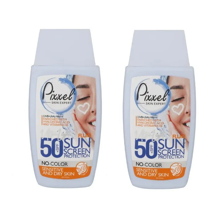کرم ضدآفتاب بیرنگ پیکسل، با SPF50، مدل Sensitive، حاوی محافظ UVA ،UVB و +++PA، فاقد گلیسیرین، حاوی ویتامین E و B+، مناسب پوستهای خشک و حساس، حجم 50 میلیلیتر مجموعه دو عددی