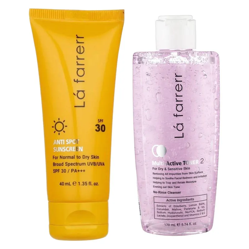 کرم ضد آفتاب بدون رنگ لافارر SPF 30 مدل پوست خشک و حساس ‌مناسب پوست‌های حجم 40 میلی‌لیتر به همراه تونر مدل مولتی اکتیو مناسب پوست خشک حجم 170 میلی لیتر