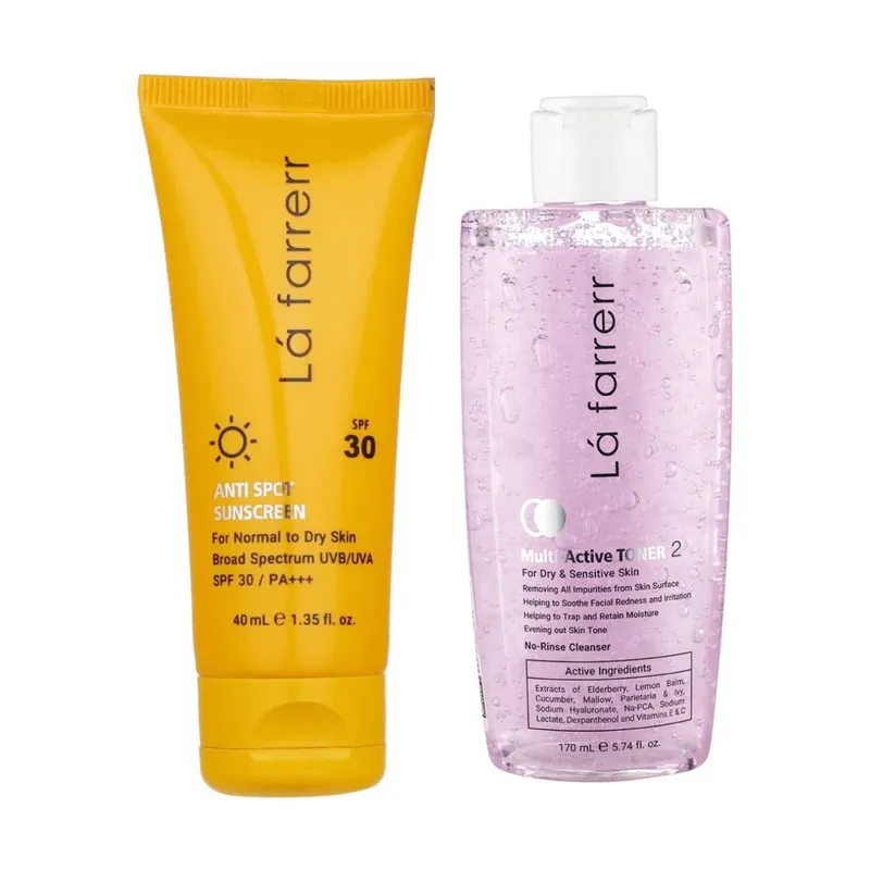 کرم ضد آفتاب بدون رنگ لافارر SPF 30 مدل پوست خشک و حساس مناسب پوستهای حجم 40 میلیلیتر به همراه تونر مدل مولتی اکتیو مناسب پوست خشک حجم 170 میلی لیتر - تصویر 2