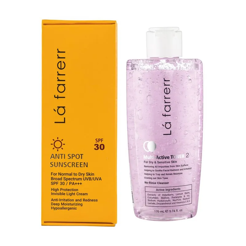 کرم ضد آفتاب بدون رنگ لافارر SPF 30 مدل پوست خشک و حساس مناسب پوستهای حجم 40 میلیلیتر به همراه تونر مدل مولتی اکتیو مناسب پوست خشک حجم 170 میلی لیتر - تصویر 5