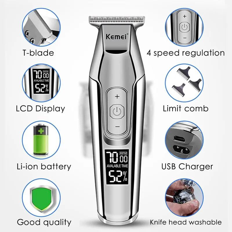 ماشین اصلاح موی سر و صورت کیمی مدل KM-5027 Professional با تیغه تیتانیوم پیشرفته، باتری لیتیوم یون 1400 میلی‌آمپر، شارژ تایپ‌سی، طراحی ارگونومیک و قابلیت استفاده خشک و مرطوب - تصویر 2