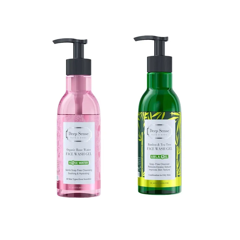 ژل شستشوی صورت دیپ سنس مدل Rose Water مناسب پوست های حساس حجم 250 میلیلیتر به همراه ژل شستشوی صورت دیپ سنس مدل درخت چای و بامبو مناسب پوستهای چرب حجم 250 میلی لیتر