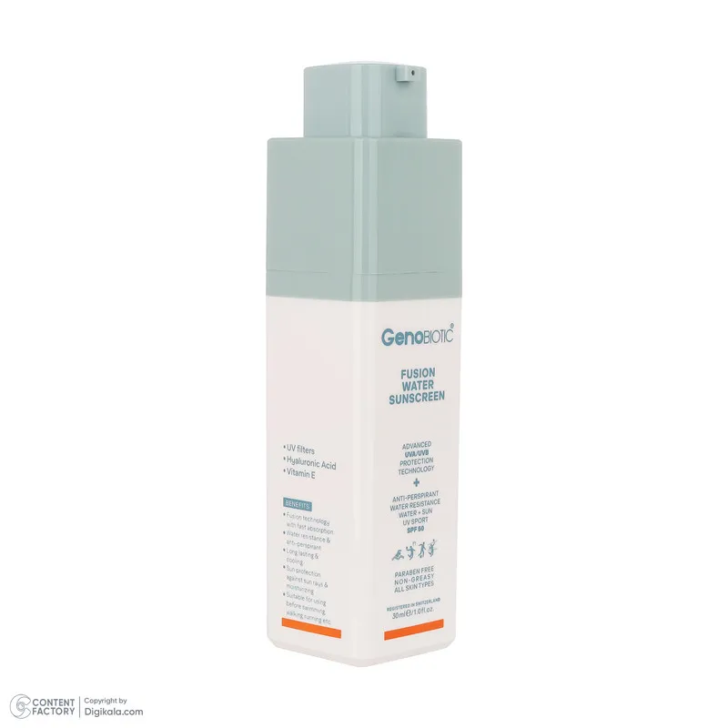 کرم ضدآفتاب بیرنگ ژنوبایوتیک، مدل Fusion water، حاوی محافظ UVA ،UVB، ضدآب، فاقد چربی، بدون پارابن، حاوی ویتامین E و هیالورونیک اسید مناسب انواع پوست، حجم 30 میلیلیتر - تصویر 3