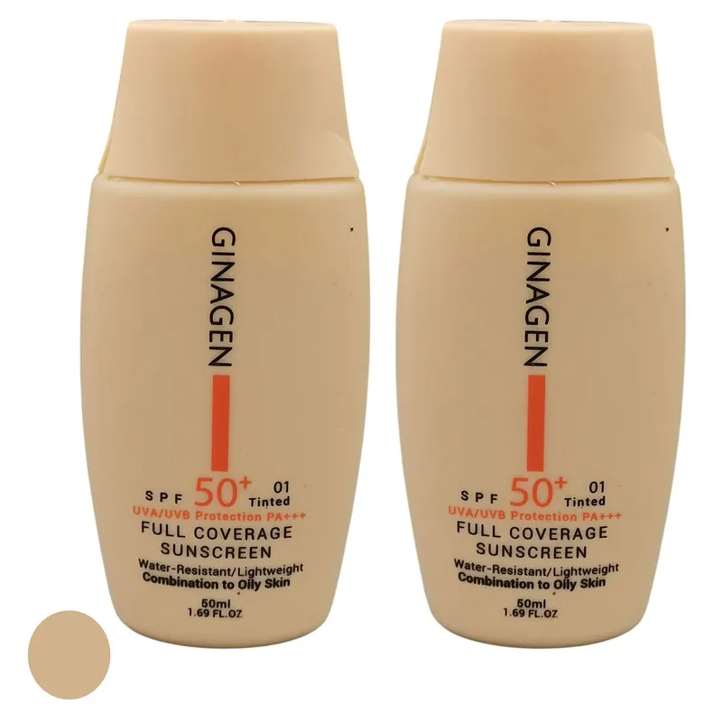 کرم ضد آفتاب رنگی ژیناژن SPF 50 مدل 01 محافظتکننده در برابر اشعههای UVA و UVB مناسب پوستهای چرب و مختلط حجم 50 میلیلیتر مجموعه دو عددی