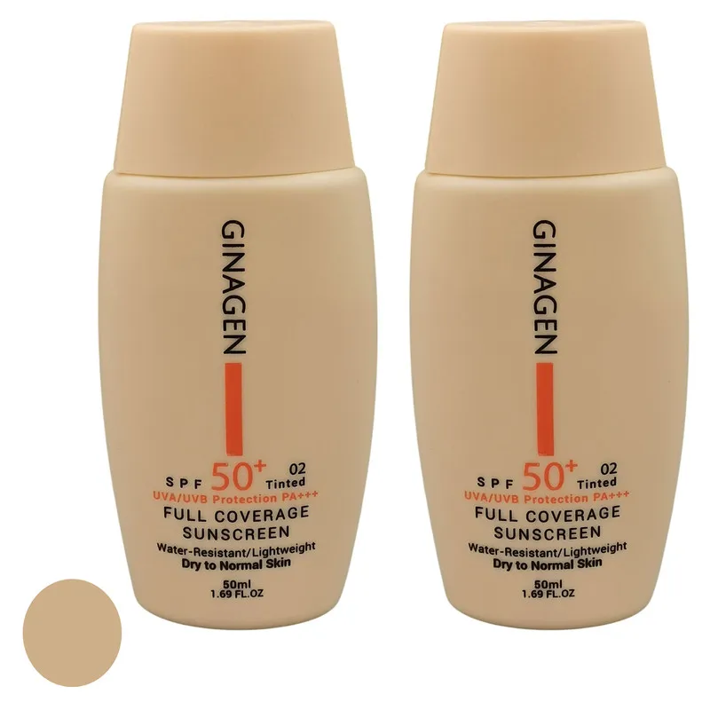 کرم ضد آفتاب رنگی ژیناژن SPF 50 مدل 02 محافظتکننده در برابر اشعههای UVA و UVB مناسب پوستهای خشک و نرمال مجموعه حجم 50 میلی لیتر مجموعه دو عددی