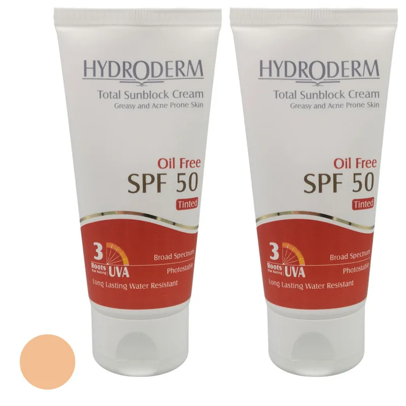 کرم ضد آفتاب رنگی هیدرودرم SPF 50 مدل Medium Beige، حاوی محافظ UVA ،UVB، ضدآب، فاقد چربی، حاوی عصاره جوجوبا، حجم 50 میلیلیتر مجموعه دو عددی
