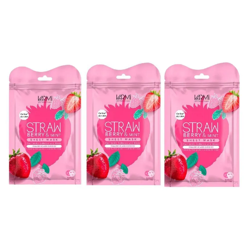 ماسک ورقهای آبرسان وارمی مدل توت فرنگی و نعناع مخصوص پوست چرب و مختلط، تنظیمکننده چربی، ضد جوش، مغذی، مرطوبکننده و آرامشبخش پوست صورت بسته 3عددی حجم 45 میلیلیتر - تصویر 2