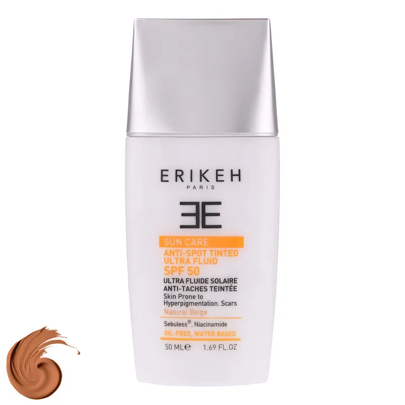 فلوئید ضد آفتاب رنگی اریکه spf 50 مدل ultra محافظ UVA ،UVB ضد لک، مناسب انواع پوست حجم 50 میلیلیتر
