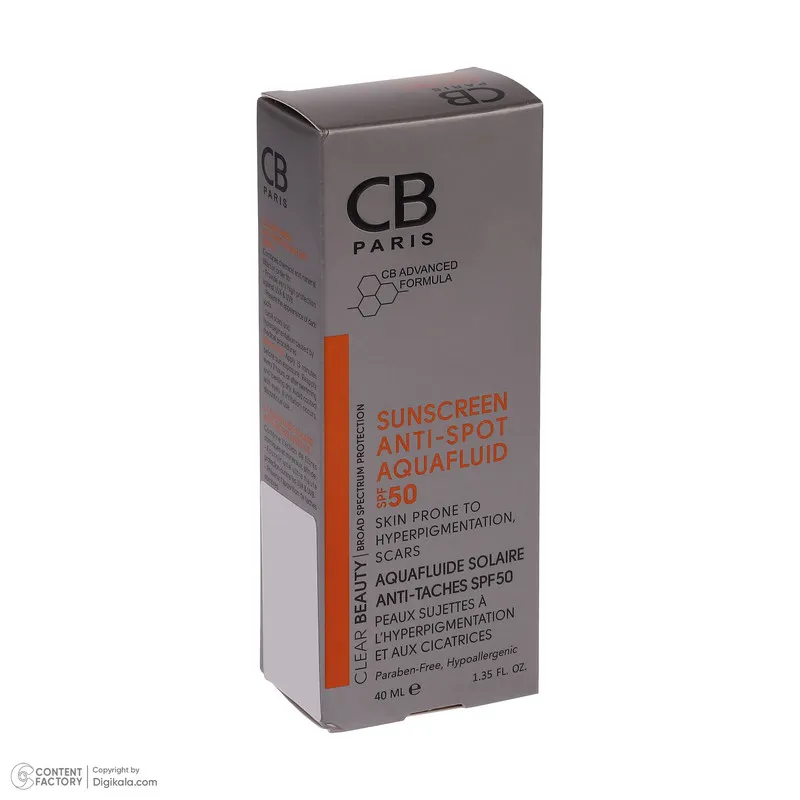 فلوئید ضد آفتاب بدون رنگ سی بی پاریس spf50 مدل Anti-Spot محافظ UVA،UVB مناسب پوست های  حساس و آکنه‌دار حجم 40 میلی لیتر - تصویر 6