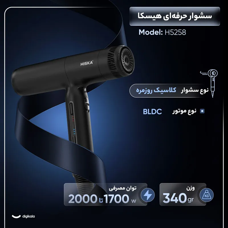 سشوار حرفه ای 2000 وات هیسکا مدل H5258 - تصویر 2