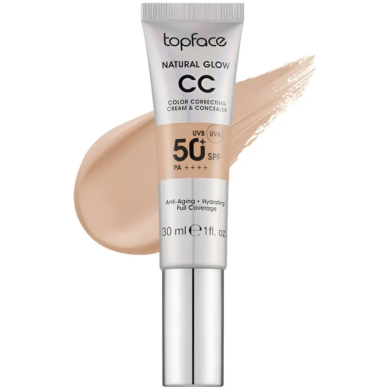 کرم پودر +SPF50 تاپ فیس مدل NATURAL GLOW شماره 001 مناسب انواع پوست حجم 30 میلی لیتر