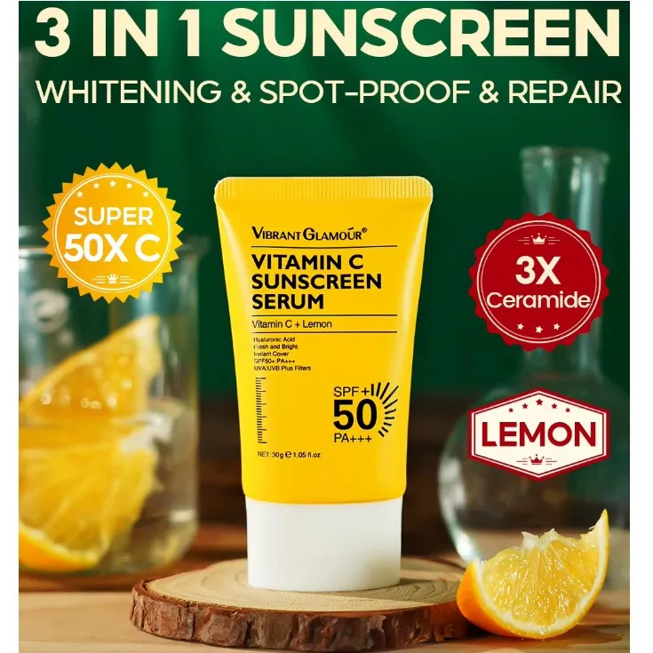 کرم ضد آفتاب بدون رنگ صورت ویبرانت گلمور spf50 مدل ویتامین سی محافظ UVA،UVB مناسب برای انواع پوست وزن 30 گرم - تصویر 2