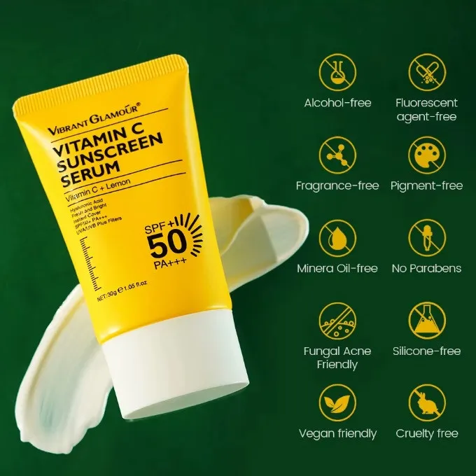 کرم ضد آفتاب بدون رنگ صورت ویبرانت گلمور spf50 مدل ویتامین سی محافظ UVA،UVB مناسب برای انواع پوست وزن 30 گرم - تصویر 5