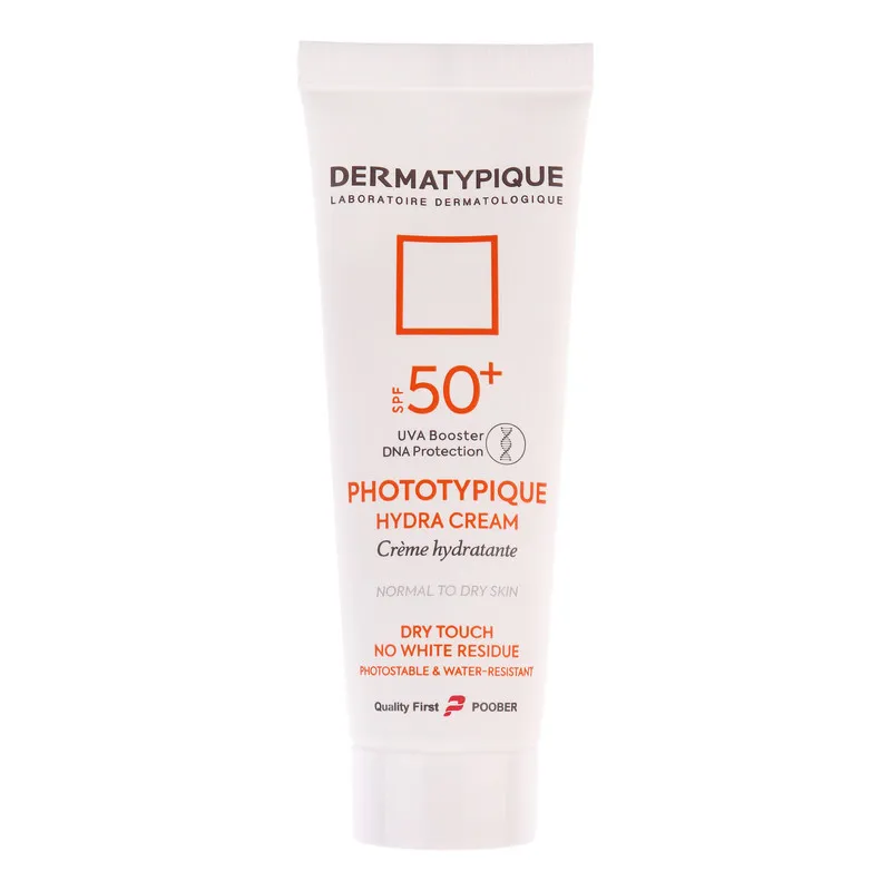 فلوئید ضد آفتاب بدون رنگ درماتیپیک مدل hydra cream محافظ UVA،UVB مناسب برای پوست خشک حجم 40 میلی لیتر