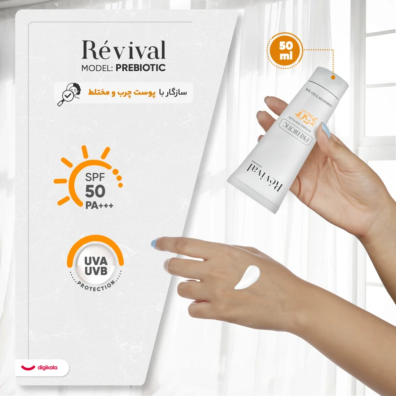 کرم ضد آفتاب بی‌رنگ کلکسیون رویوال، spf 50، مدل prebiotic، ‌مناسب پوست‌های چرب و مختلط با حجم 50 میلی‌لیتر، محافظت‌کننده در برابر اشعه‌های UVA و PA ،UVB+++، ضد جوش و آکنه، دارای فر - نمای 3