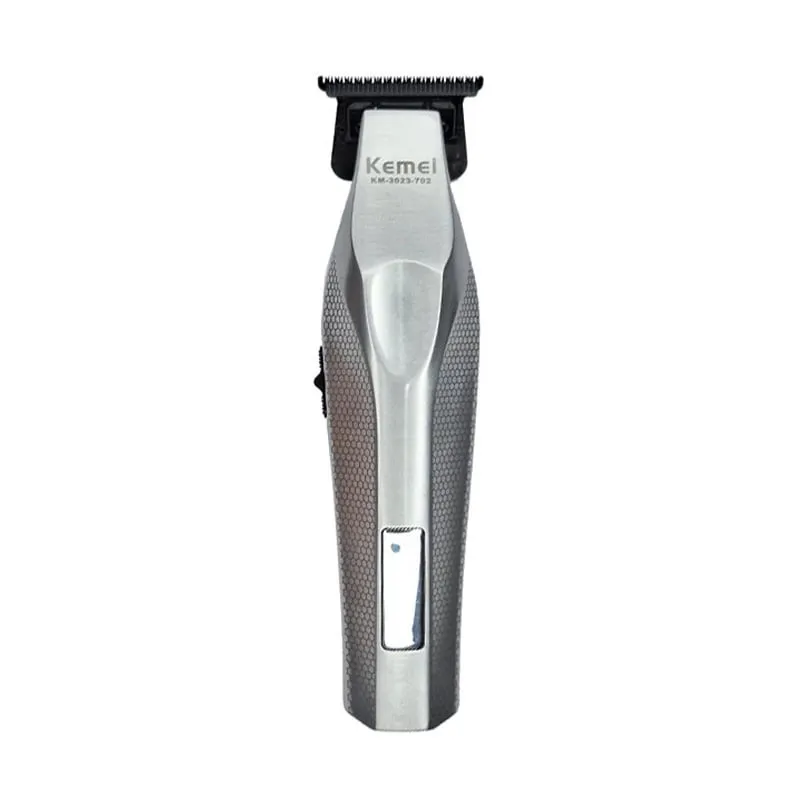 ماشین اصلاح موی صورت شارژی کیمی مدل KM-3023-702 با تیغه سرامیک و استیل ضد التهاب، باتری لیتیوم یون 2000 میلیآمپر ساعت، نمایش وضعیت باتری و طراحی ارگونومیک مقاوم در برابر ضربه