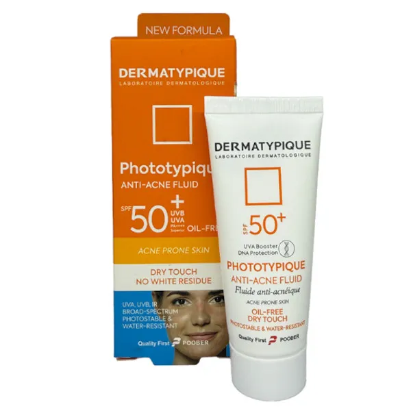 فلوئید ضد آفتاب بدون رنگ درماتیپیک مدل anti acne محافظ UVA،UVB مناسب برای پوست چرب حجم 40 میلی لیتر