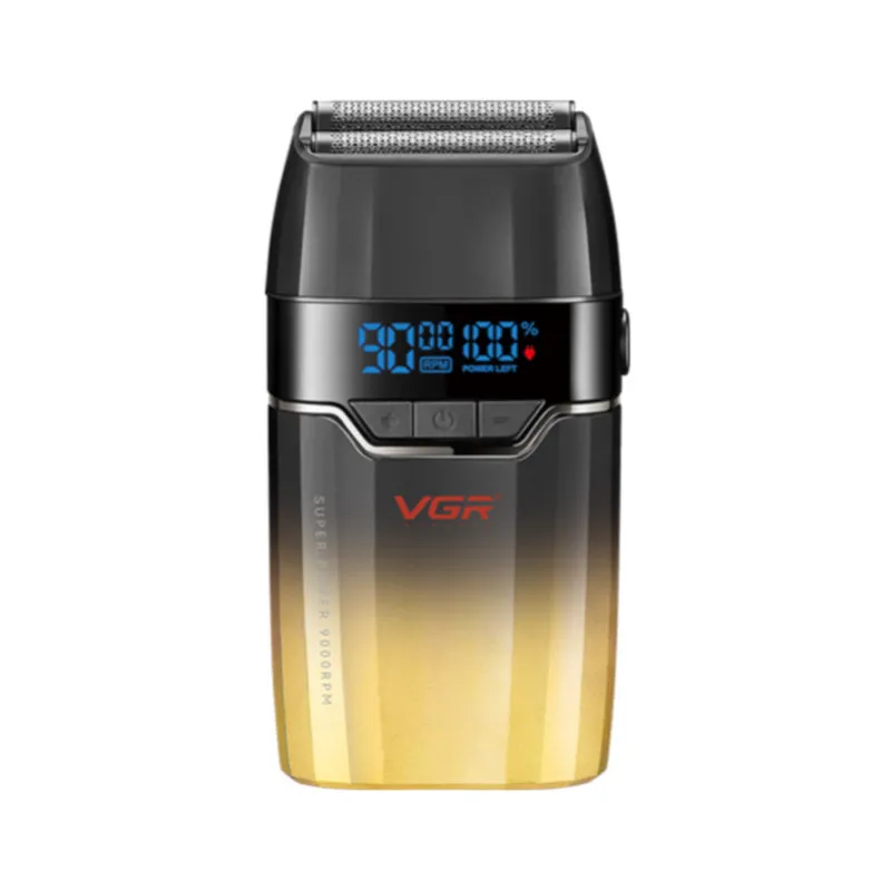 ماشین اصلاح موی صورت وی جی ار مدل V-308 با تیغه تیتانیوم پیشرفته، باتری لیتیوم یونی 1200 میلیآمپرساعتی، قابلیت اصلاح خشک و مرطوب، نمایشگر وضعیت باتری و طراحی ارگونومیک مقاوم در برابر ضربه
