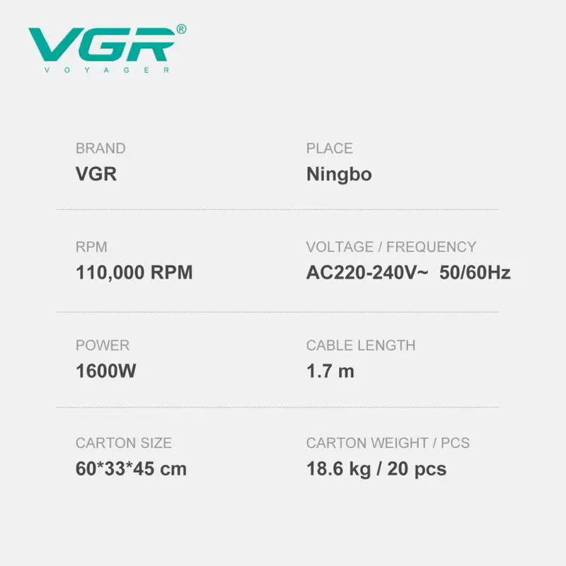 سشوار حرفه ای 1600 وات وی جی ار مدل v-445 - تصویر 5