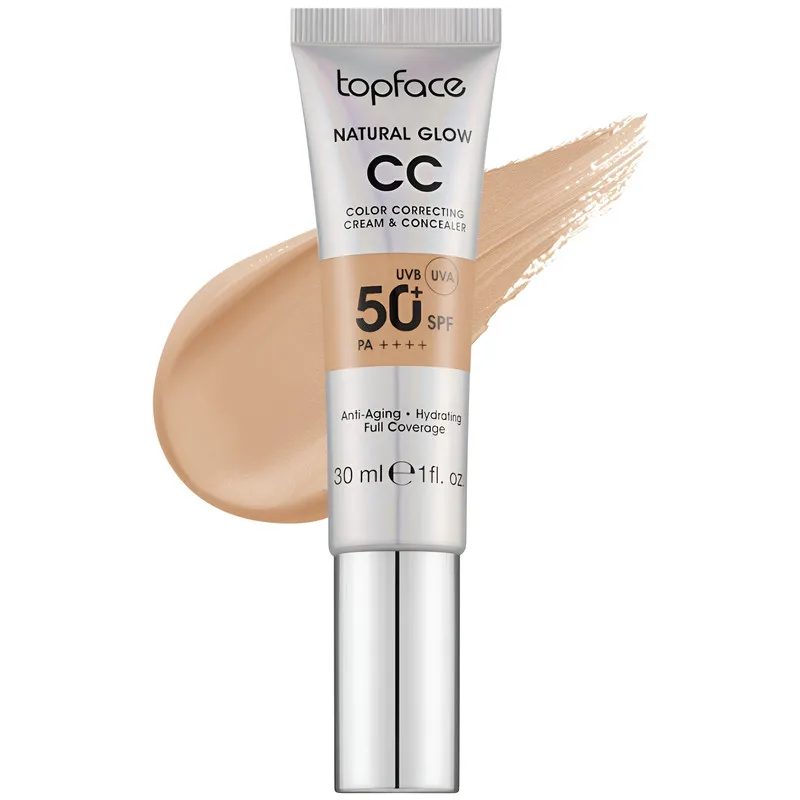 کرم پودر CC مایع +SPF50 تاپ فیس مدل NATURAL GLOW شماره 003 مناسب برای انواع پوست حجم 30 میلی لیتر