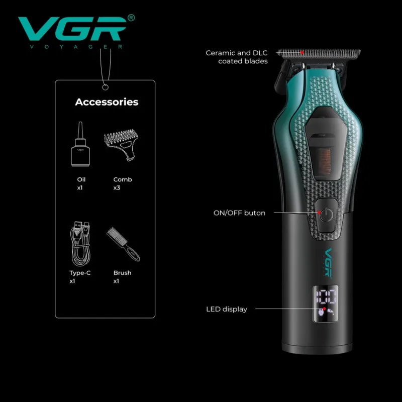 ماشین اصلاح موی سر و صورت وی جی ار مدل V-997 با موتور 11000 دور در دقیقه، باتری لیتیوم یونی 2500 میلیآمپر ساعت، تیغه سرامیک ضد التهاب، قابلیت تنظیم سرعت و نمایشگر میزان شارژ - تصویر 3