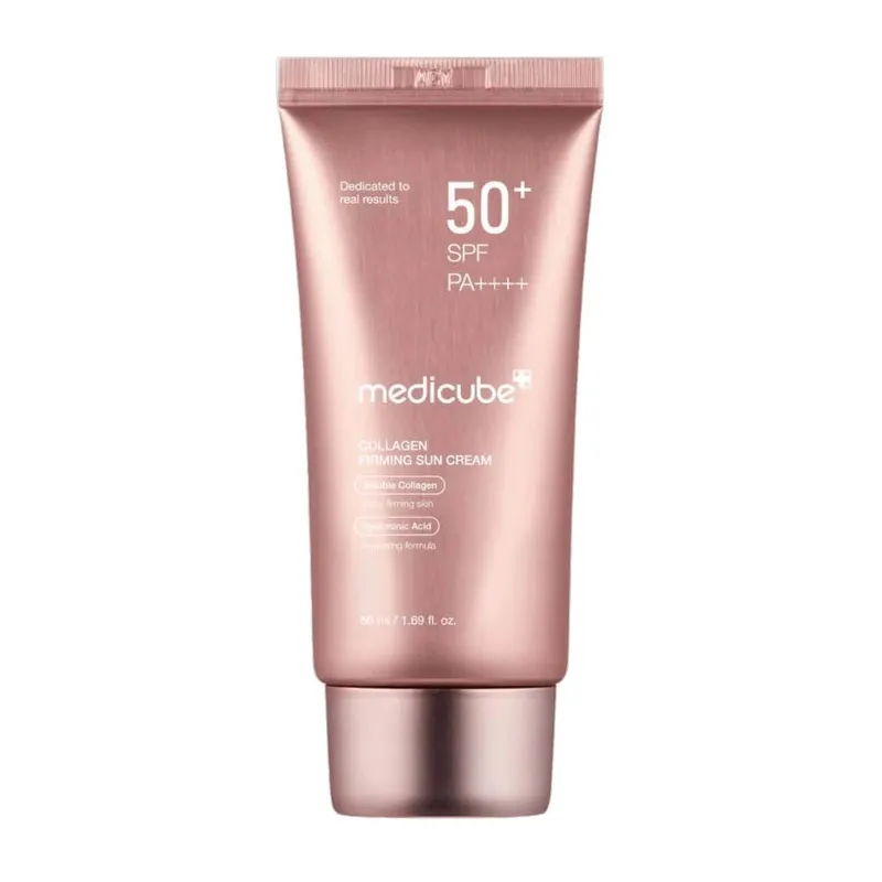 کرم ضد آفتاب بدون رنگ دست و صورت مدیکیوب spf50 مدل کلاژن محافظ UVA،UVB مناسب برای انواع پوست حجم 50 میلی لیتر