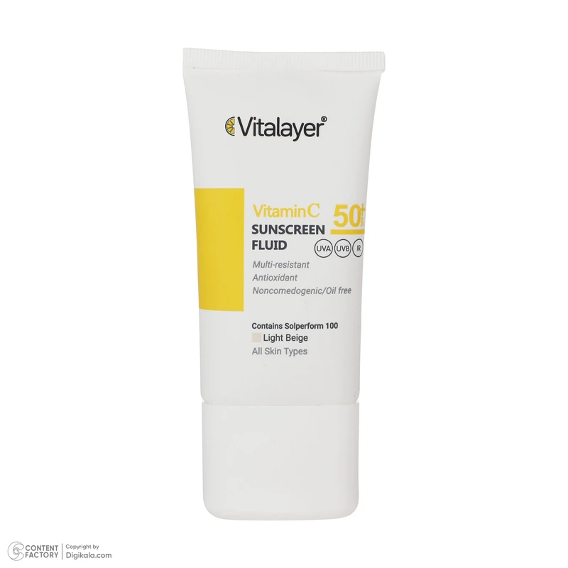 فلوئید ضدآفتاب رنگی ویتالیر، 50 SPF، مدل Vitamin C، مناسب انواع پوست تنالیته رنگ متوسط و حجم 50 میلیلیتر، ضد آب، محافظت کننده در برابر اشعه UVA، UVB، IR، آنتیاکسیدان، فاقد چربی و - نمای 2