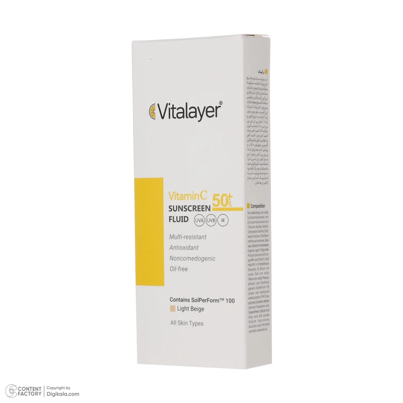 فلوئید ضدآفتاب رنگی ویتالیر، 50 SPF، مدل Vitamin C، مناسب انواع پوست تنالیته رنگ متوسط و حجم 50 میلیلیتر، ضد آب، محافظت کننده در برابر اشعه UVA، UVB، IR، آنتیاکسیدان، فاقد چربی و - نمای 3