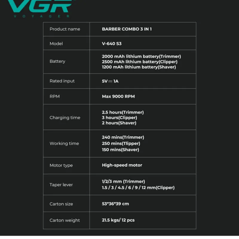 ماشین اصلاح موی سر و صورت شارژی وی جی ار مدل V-640 s3 مجموعه 3 عددی - تصویر 2