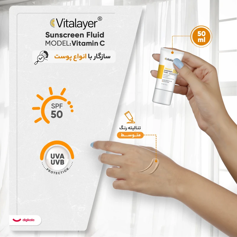 کرم ضد آفتاب رنگی ویتالیر، SPF 50، مدل ویتامین سی، مناسب انواع پوست با تنالیته متوسط و حجم 50 میلیلیتر، ضد آب، مرطوبکننده، غیر کومدونزا، محافظتکننده در برابر اشعههای UVA و UV - نمای 5