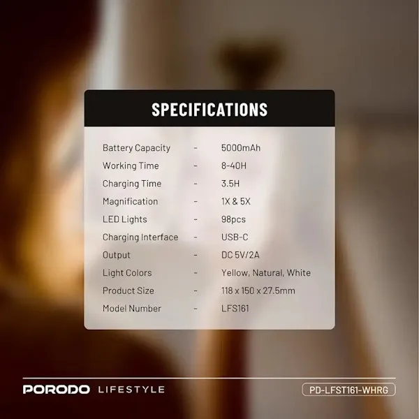 آینه آرایشی تاشو رینگلایتدار پرودو مدل LFST161 - تصویر 2