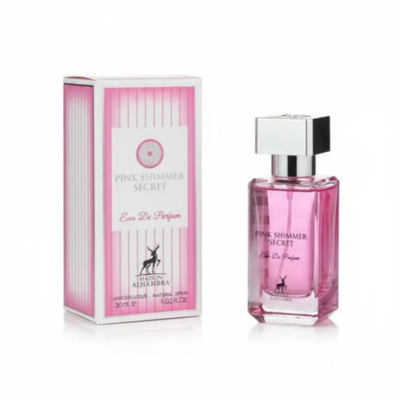 عطر جیبی زنانه الحمبرا مدل PINK SHIMMER SECRET با رایحه خنک حجم 30 میلیلیتر