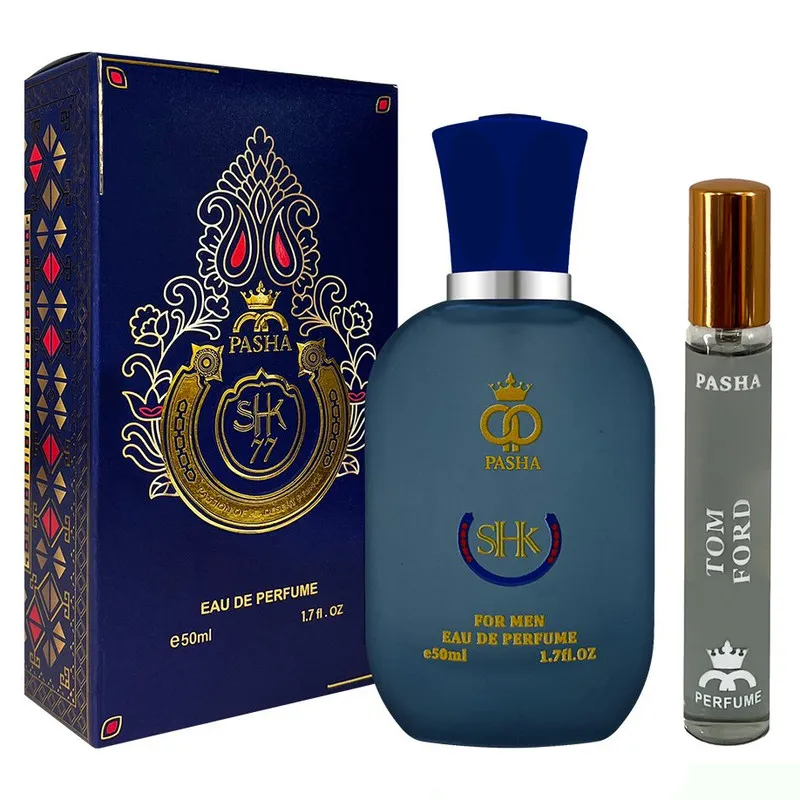 ادو پرفیوم مردانه پاشا مدل شیخ با رایحه گرم حجم 50 میلی لیتر به همراه عطر جیبی پاشا مدل تام فورد بلک ارکید با رایحه گرم حجم 24 میلی لیتر