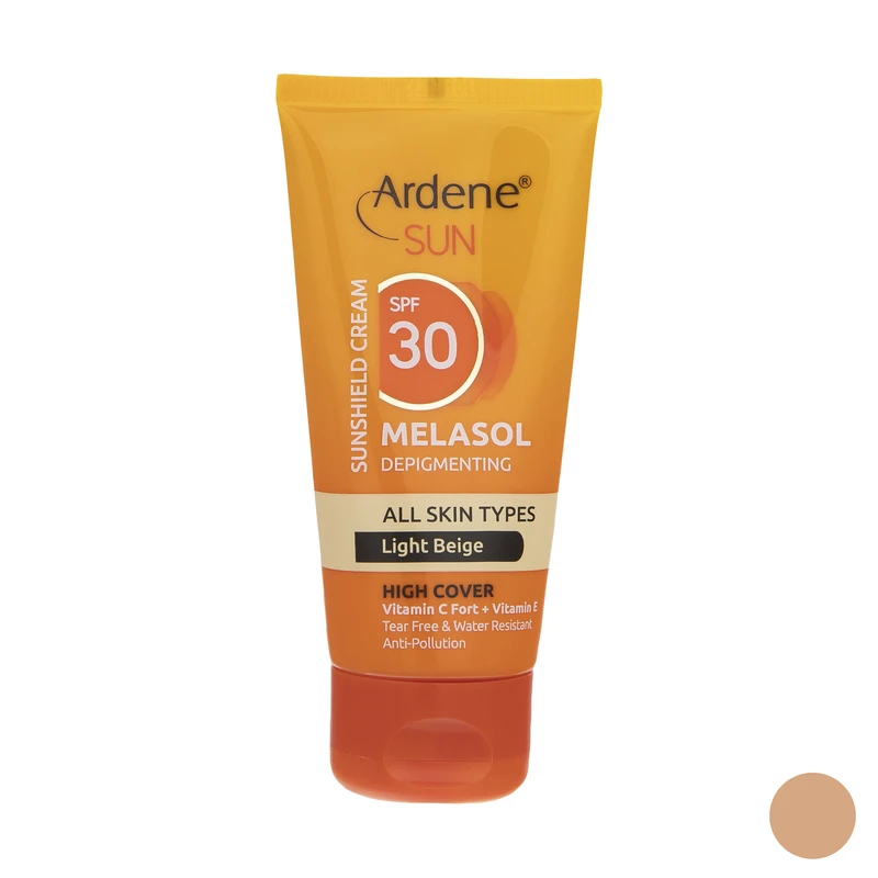 کرم ضد آفتاب رنگی آردن سان، SPF 30، مدل Light Beige، مناسب انواع پوست با تنالیته روشن و حجم 50 میلی‌لیتر، ضد آب، محافظت‌کننده در برابر اشعه‌های UVA و UVB، ضد لک، دارای فرمولاسیون ویتامین‌های C و E، با