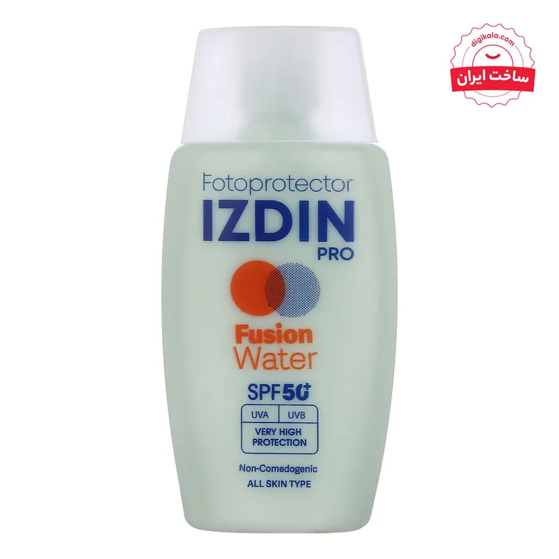 فلوئید ضد آفتاب بیرنگ صورت و گردن ایزدین پرو SPF 50 مدل Fusion Water محافظ در برابر اشعه UVA و UVB مناسب برای انواع پوست حجم 50 میلیلیتر