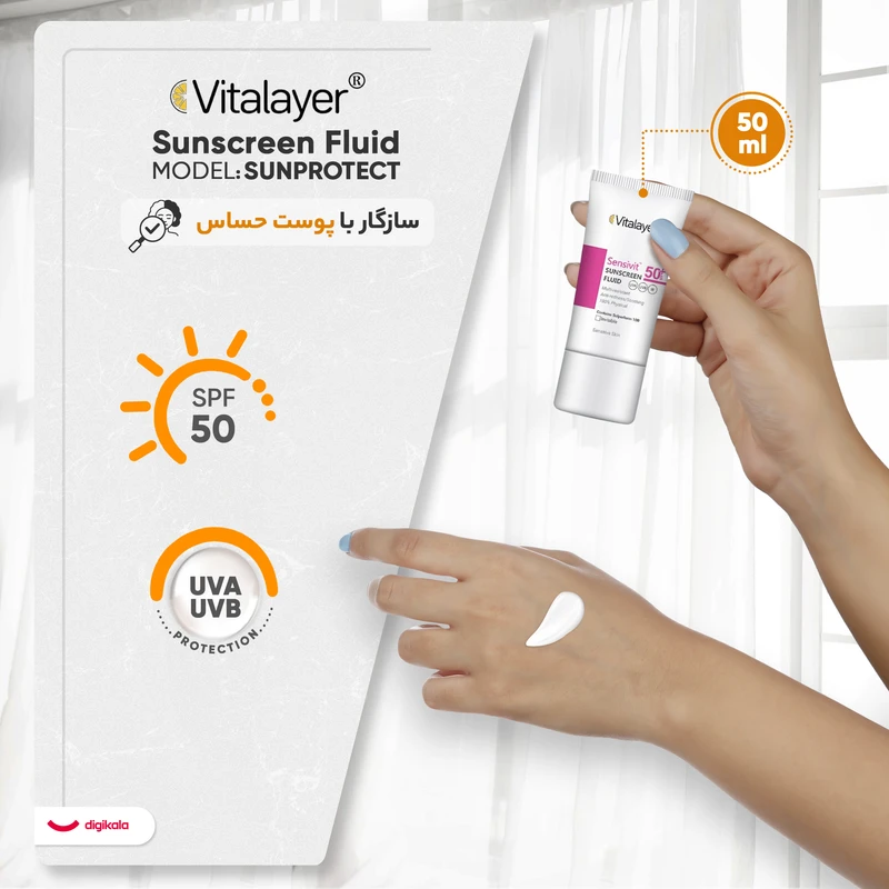 فلوئید ضد آفتاب بیرنگ ویتالیر، spf 50، مدل 0128، مناسب پوست های حساس با حجم 50 میلیلیتر، ضد حساسیت، محافظتکننده در برابر اشعههای UVA و UVB، دارای فرمولاسیون دی اکسید تیتانیوم و - نمای 3