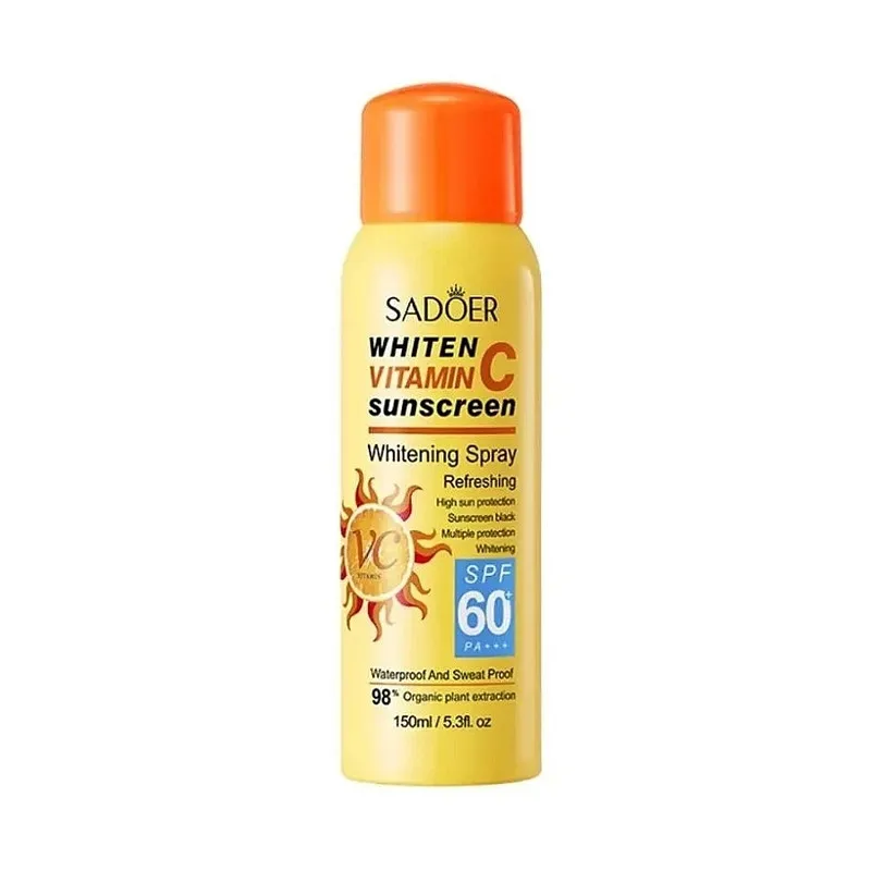 اسپری ضد آفتاب بدون رنگ صورت و بدن سادور spf60 مدل ویتامین سی محافظ UVA،UVB مناسب برای انواع پوست حجم 150 میلی لیتر